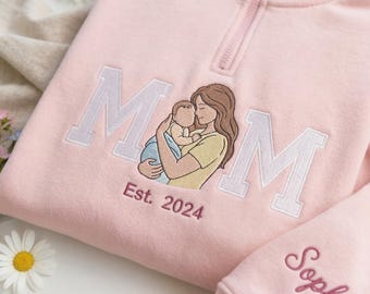Custom Embroidered Mama Portrait Quater Zip Sweatshirt, Varsity Style Mom Hoodie