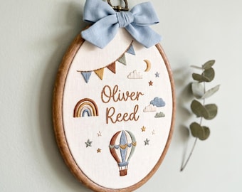 Custom Name Hoop, Embroidered Hot Air Balloon Nursery Art, Boho Rainbow Travel Decor
