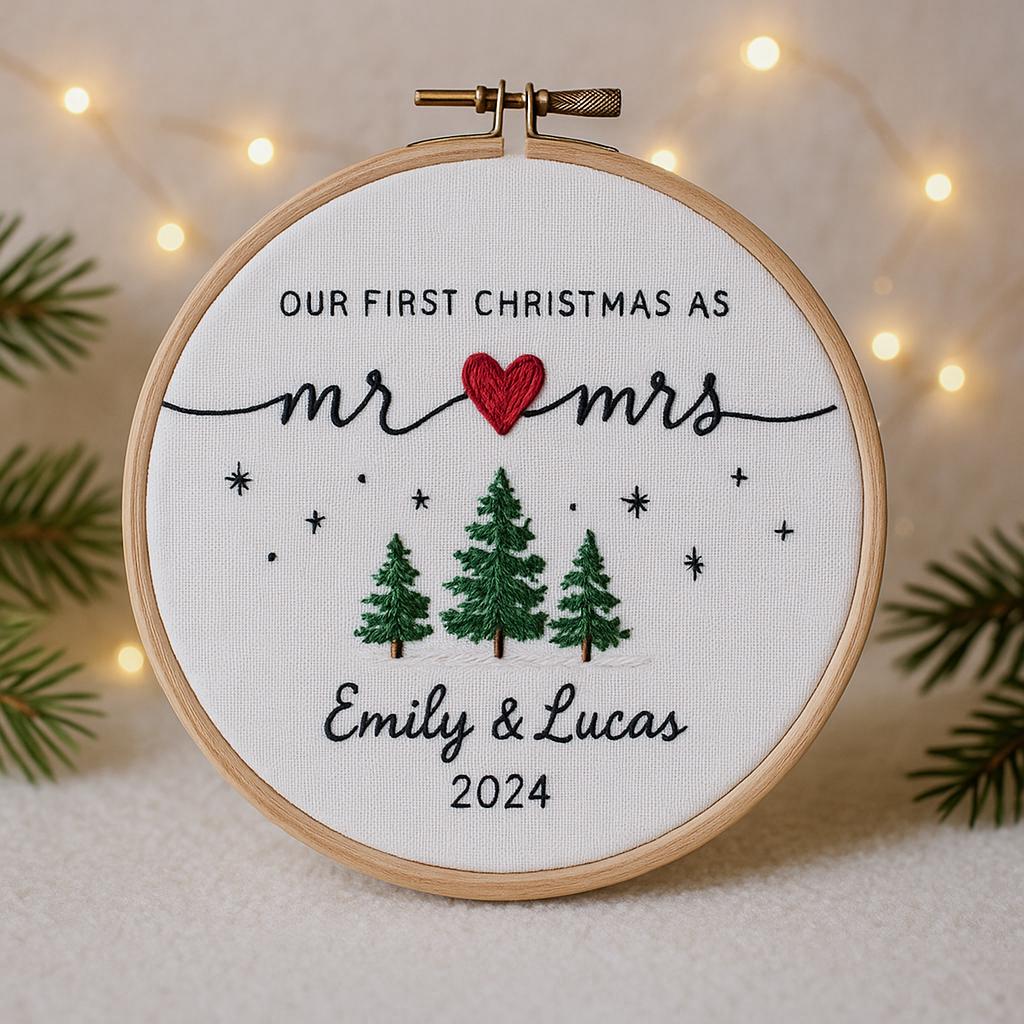 First Christmas as Mr & Mrs Ornament,Personalized Embroidered Hoop with Names  Year, Newlywed Christmas Gift 2025