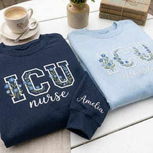 Embroidered ICU Nurse Sweatshirt, Floral Blue Toile Critical Care Apparel