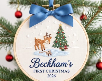 Baby's First Christmas Ornament, Personalized Deer Embroidered Keepsake with Name and Year, Cute Woodland Christmas Ornament