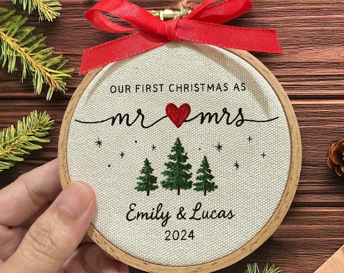 Personalized First Christmas Embroidered Ornament, Newlywed Gift