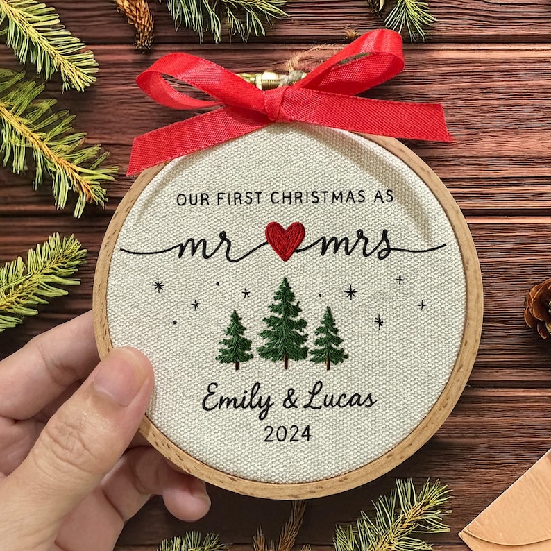 First Christmas as Mr & Mrs Ornament,Personalized Embroidered Hoop with Names Year, Newlywed Christmas Gift 2025