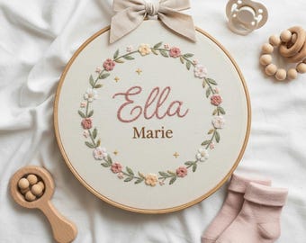Custom Embroidered Baby Name Hoop | Floral Nursery Art & Baby Shower Gift | Embroidery Gift for Newborn Nursery Decor | Newborn Baby Shower