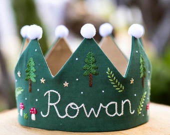 Personalized Forest Birthday Crown – Hand Embroidered Linen Woodland Keepsake