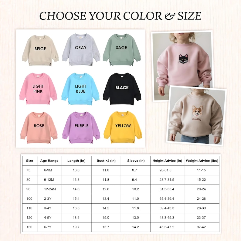 K&ouml;nnte beinhalten: Kinder-Sweatshirts in verschiedenen Farben, darunter Beige, Grau und Hellrosa. Das Bild zeigt auch zwei Sweatshirts mit gestickten Designs sowie eine Gr&ouml;&szlig;entabelle mit Ma&szlig;en in Zoll und Gewicht in Pfund.