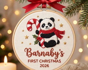 Personalized Baby’s First Christmas Hoop Ornament 2026, Personalized Panda Embroidered Keepsake with Name and Year, Cute Christmas Ornament