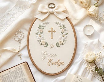 Personalized Baptism Gift for Girl, Embroidered Cross Name Hoop, Custom Christening Sign, Goddaughter Keepsake