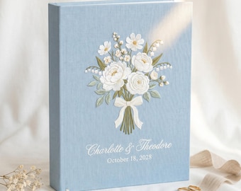 Embroidered Peony Wedding Album, Floral Linen Guest Book, Garden Keepsake Memory Book