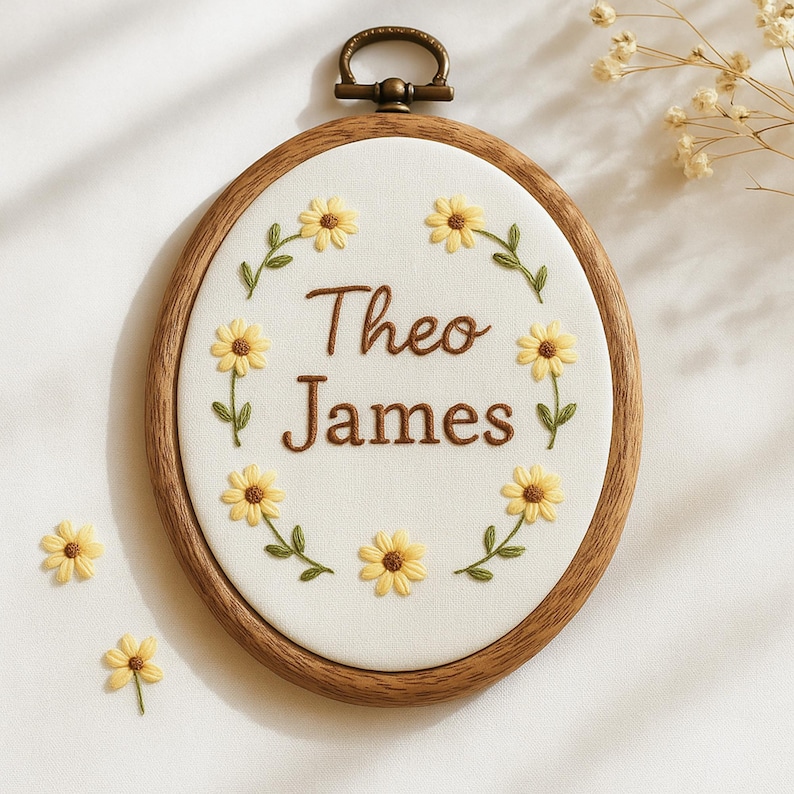 May include: Oval embroidery hoop with a wooden frame. The white fabric features the name "Theo James" in brown thread, surrounded by embroidered yellow daisies and green leaves. A small metal loop is at the top.