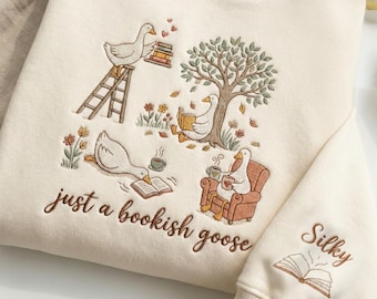 Embroidered Bookish Goose Sweatshirt, Cozy Reader Crewneck, Funny Reading Gift