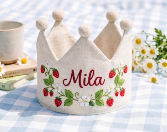 Embroidered Linen Strawberry Crown, Baby First Birthday, Personalized Name Keepsake