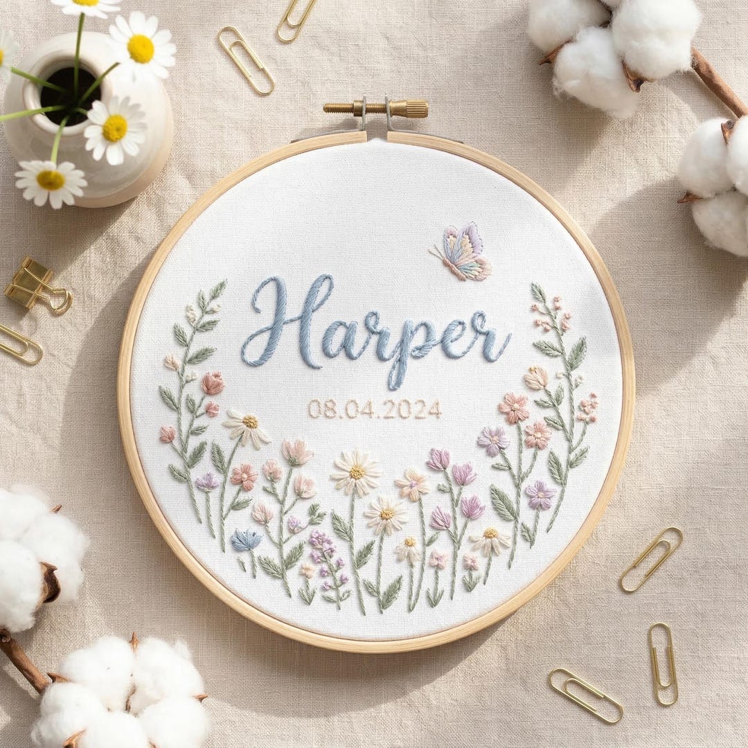Custom Embroidered Baby Name Wildflower Meadow Hoop, Floral Nursery Art ...