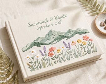 Embroidered Linen Wedding Album: Custom Names, Wildflower Design, Photo Memory Book