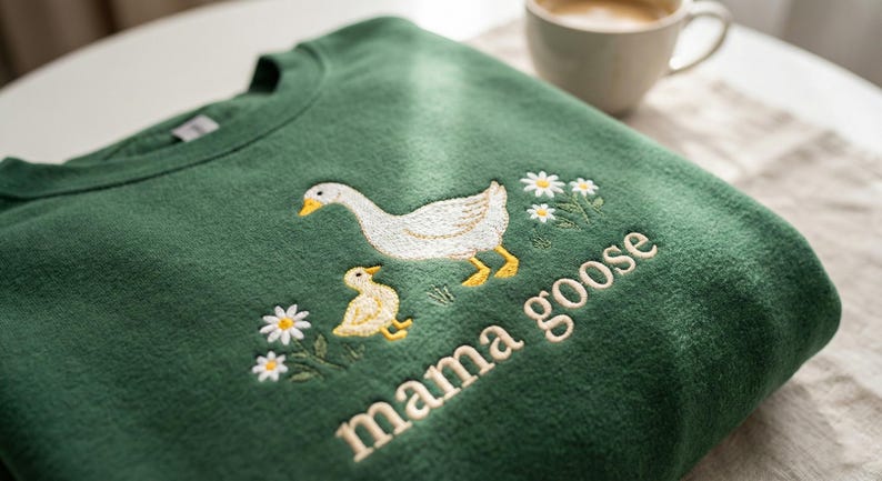May include: Green sweatshirt with an embroidered design featuring a white goose, a yellow gosling, and daisies. The words "mama goose" are embroidered below the design. A cup of coffee sits in the background.