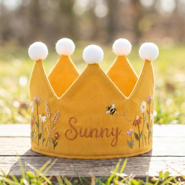 Personalized Wildflower Birthday Crown – Hand Embroidered Yellow Crown for Baby, Bee & Meadow Theme Keepsake