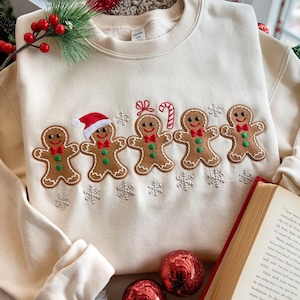 Sweatshirt met geborduurde peperkoekkoekjes, feestelijke vakantie-outfit, kerstmis dames, kersttrui met peperkoek ronde hals