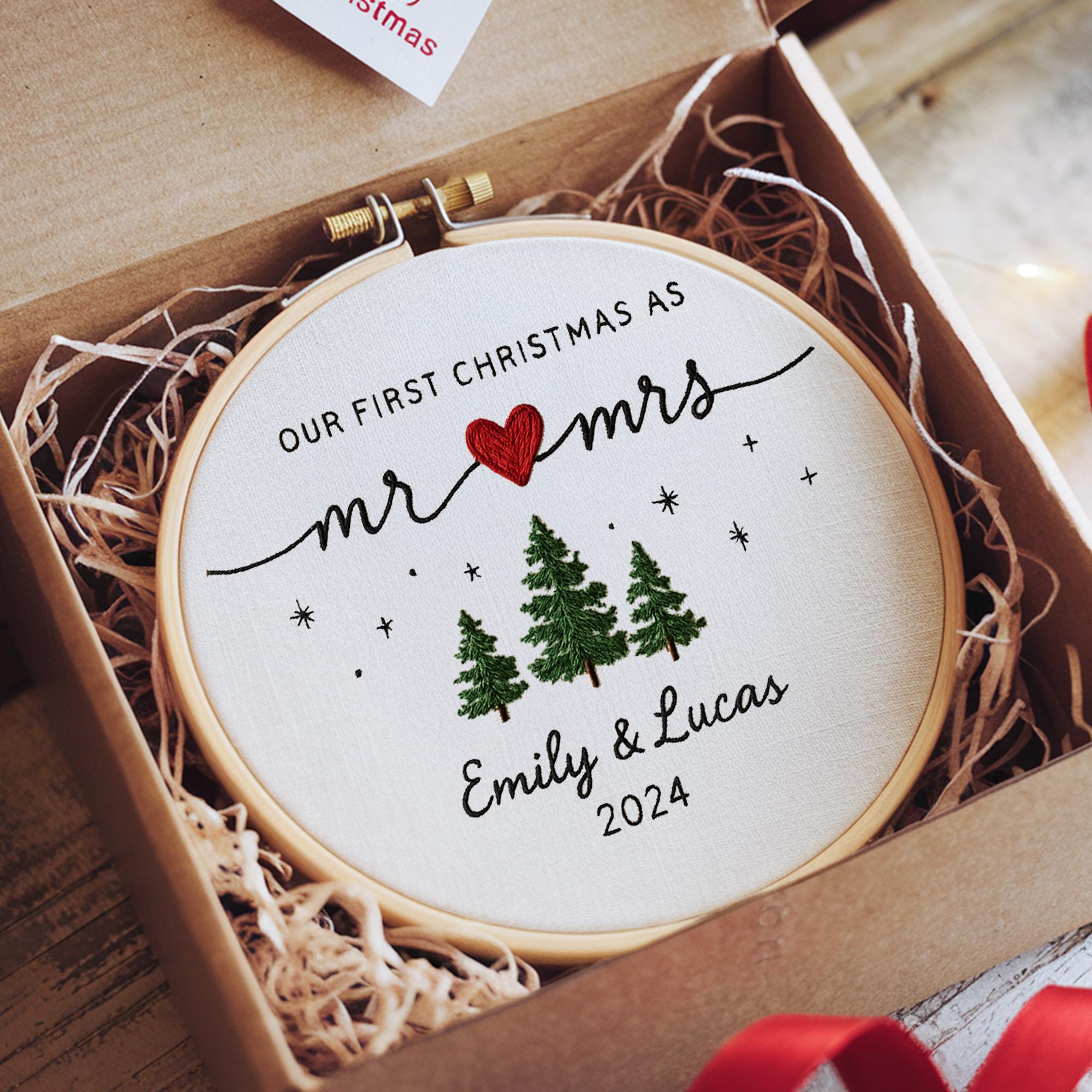 First Christmas as Mr & Mrs Ornament,Personalized Embroidered Hoop with Names  Year, Newlywed Christmas Gift 2025