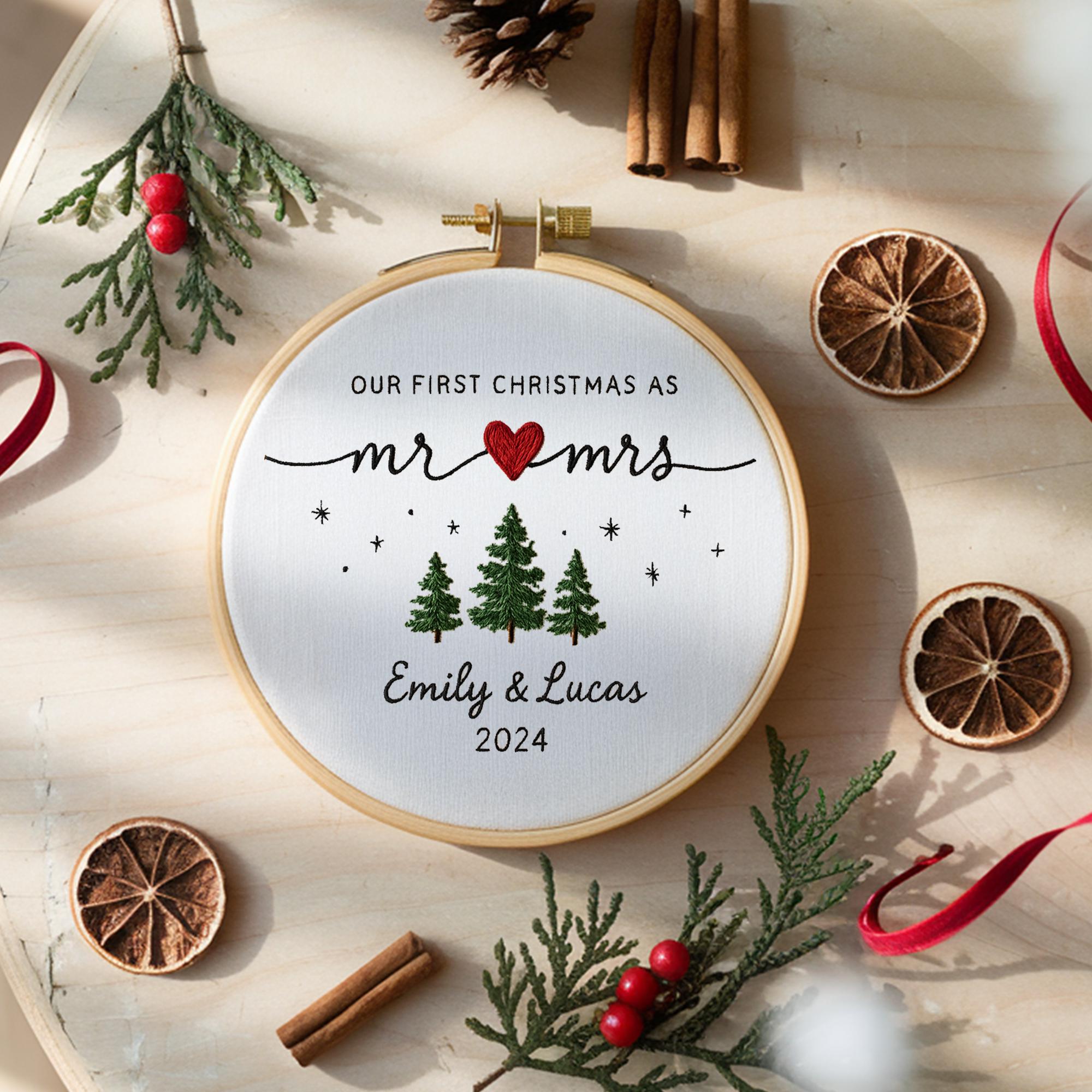 First Christmas as Mr & Mrs Ornament,Personalized Embroidered Hoop with Names  Year, Newlywed Christmas Gift 2025