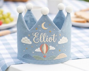 Personalized Blue Linen Crown, Hot Air Balloon 1st Birthday Hat, Embroidered Name Prop
