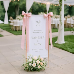 Custom Linen Wedding Welcome Sign with Monogram, Names & Date, Mustard Ribbon Fabric Banner for Ceremony, Elegant Garden Wedding Decor