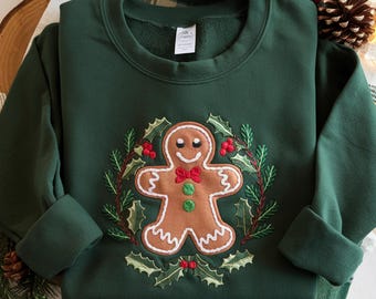 Embroidered Gingerbread Man Christmas Sweatshirt, Festive Holiday Hoodie