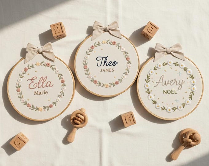 Custom Embroidered Baby Name Hoop | Floral Nursery Decor