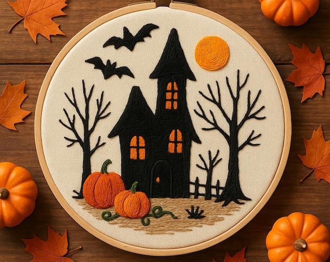 Halloween Embroidered Ornament: Spooky Castle, Pumpkin & Bats Decor