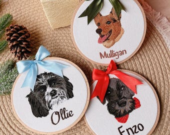 Embroidered Pet Portrait Ornament with Santa Hat, Custom Christmas Gift