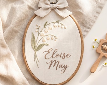 Custom Baby Name Hoop, Lily of the Valley Embroidery, Personalized Nursery Sign