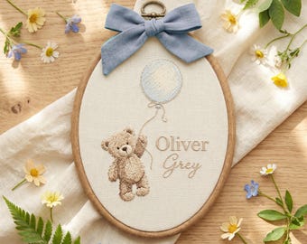 Personalized Baby Name Sign, Teddy Bear Balloon Nursery Decor, Embroidered Baby Boy Name Hoop, Newborn Announcement Sign, Custom Baby Gift
