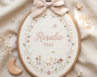 Custom Embroidered Goose Floral Name Art, Woodland Baby Nursery Hoop Sign