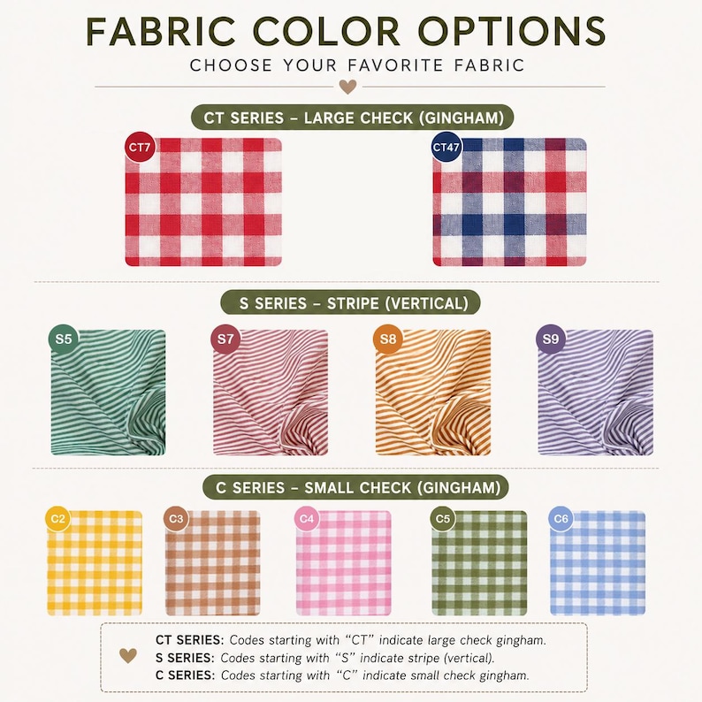 Puede incluir: Una tabla de opciones de color de tela con tres categor&iacute;as: serie CT con cuadros vichy grandes en rojo y rojo-azul, serie S con rayas verticales en verde, rosa, naranja y morado, y serie C con cuadros vichy peque&ntilde;os en amarillo, marr&oacute;n, rosa, verde y azul.
