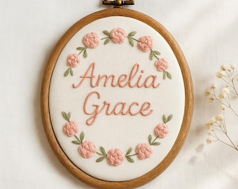 Custom Embroidered Floral Baby Name Hoop Sign, Nursery Art