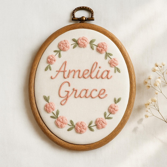 Custom Embroidered Baby Name Sign, Floral Nursery Hoops for Baby Showers, Newborn Gift & Floral Nursery Art, Floral Name Sign for Newborns