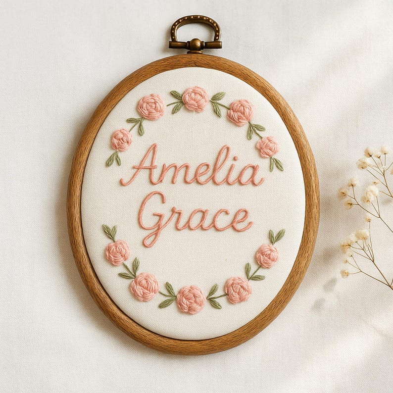 May include: Oval embroidery hoop with the name "Amelia Grace" stitched in pink thread. The name is surrounded by a wreath of pink roses and green leaves. The wooden hoop has a brass-colored metal clasp.