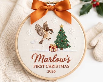 Personalized Baby’s First Christmas Hoop Ornament 2026, Personalized Bird Embroidered Keepsake with Name and Year, Cute Woodland Christmas