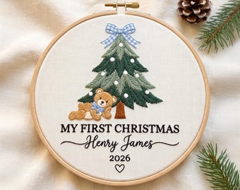 Embroidered My First Christmas Ornament, Teddy Bear Tree Hoop Keepsake, Custom Name Baby Decor
