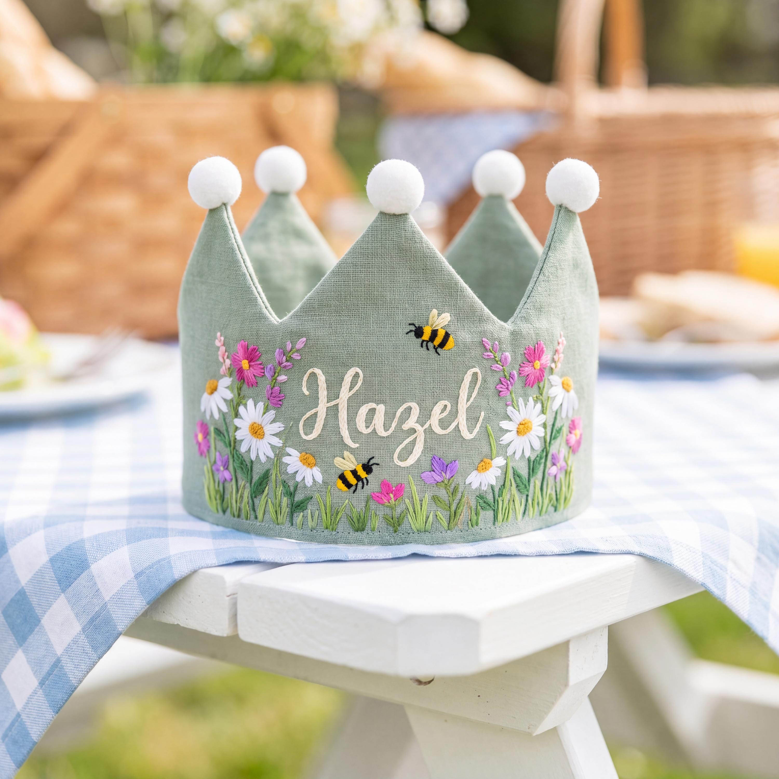 Custom Daisy Bee Birthday Crown, Personalized Meadow Linen Crown, First ...