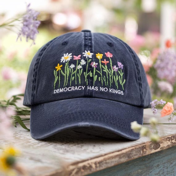 Democracy Has No Kings Hat, Embroidered Wildflower Political Cap, Feminist Protest Dad Hat