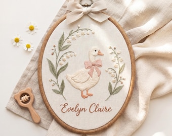 Personalized Embroidered Goose Name Hoop, Floral Nursery Wall Decor, Hand Stitched Baby Gift