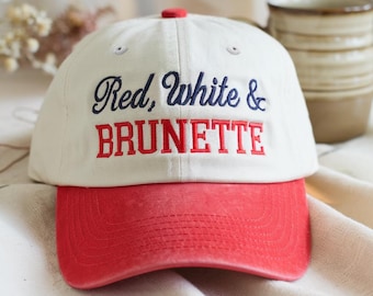 Embroidered Red White And Brunette Trucker Cap, Red White And Blondy Washed Hat, Fourth of July hat, 4th of July Hat