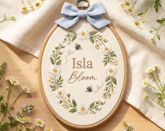 Personalized Bee Embroidered Hoop, Custom Baby Name Sign, Floral Nursery Decor, Baby Girl Gift, Newborn Keepsake, Baby Shower Gift