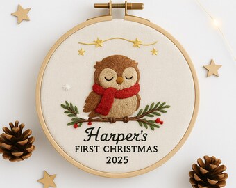 Baby's First Christmas Ornament, Custom Embroidered Name Hoop, Handmade Holiday Keepsake