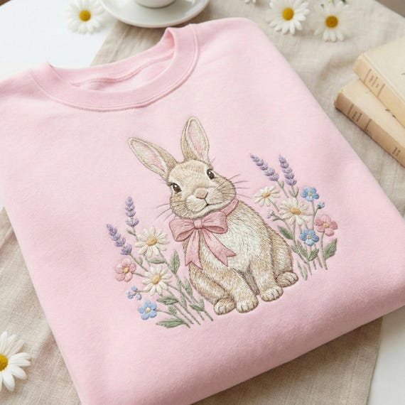 Easter Flowers Bunny Sweatshirt, Cute Bunny Shirt, Rabbit Shirt, Happy Easter Day Gift, Coquette Easter Shirt, Cute Easter Embroidered Shirt