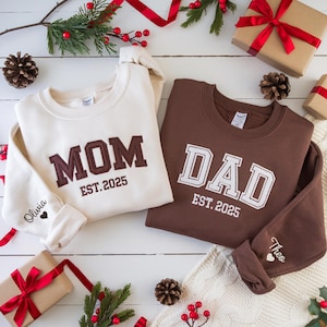 Custom Embroidered Mom Dad Sweatshirt: Personalized Name Sleeve, Pregnancy Announcement