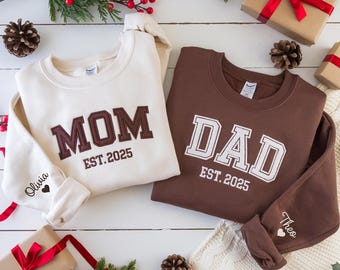 Custom Embroidered Mom Dad Sweatshirt: Personalized Name Sleeve, Pregnancy Announcement