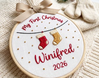 Personalized Baby’s First Christmas Hoop Ornament 2026, Stocking Embroidered Keepsake with Name and Year, Cute My First Christmas 2026