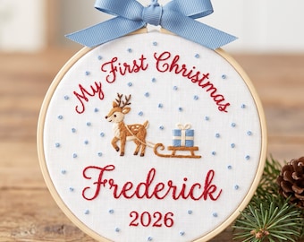 Personalized Baby’s First Christmas Hoop Ornament 2026, Reindeer Embroidered Keepsake with Name and Year, Cute My First Christmas 2026