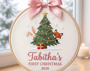 Personalized Baby’s First Christmas Hoop Ornament 2026, Personalized Woodland Animals Keepsake with Name and Year, Cute Fox Bunny Christmas
